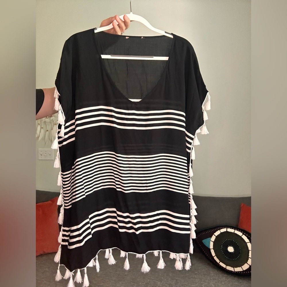 Black & White Striped Tassel Swim Coverup